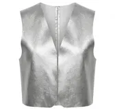 Chaleco de cuero plateado con acabado metalizado, diseño sin mangas, escote en V profundo y corte recto.
