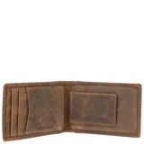 Billetera de cuero natural de primera calidad con clip magnético para billetes, cuatro ranuras para tarjetas, tres bolsillos para billetes y tecnología RFID de protección. Presenta detalle de logotipo en relieve en la esquina inferior.