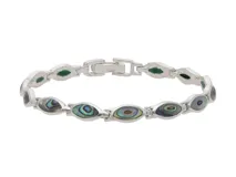 Pulsera de plata 925 con eslabones ovalados y piedras de abulón iridiscente. Cierre de mosquetón. Largo 18 cm.