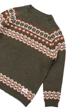 Buzo tejido en lana y acrílico color verde oliva con diseño geométrico en marrón y beige en el canesú, puños y ruedo.