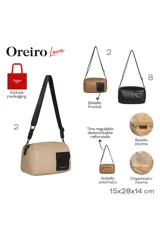 Cartera bandolera de cuero sintético color beige, con bolsillo frontal negro con solapa y cierre de botón a presión, marca Oreiro Love. Incluye correa ajustable y desmontable en color negro.