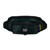 Riñonera Caterpillar color verde oscuro con patrón geométrico, logo de la marca en el frente y correa ajustable negra.