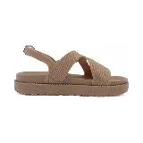 Sandalias bajas color ladrillo con tiras anchas cruzadas en el empeine y tira trasera con hebilla.