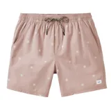 Short de baño rosado con estampado de flores blancas, cintura elástica y cordón ajustable.