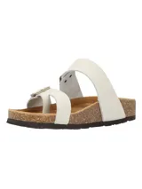 Sandalias de cuero color blanco con suela anatómica de corcho, tiras ajustables con hebillas metálicas y diseño entre dedos.