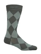 Medias de bambú de caña alta marca RKF, con diseño de rombos en tonos verde y gris, y elástico superior con logo grabado.