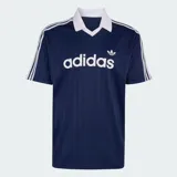 Camiseta Adidas Archive Collar Engineered de manga corta, color azul marino con diseño de finas rayas verticales tono sobre tono. Presenta cuello polo en V y cuello en color blanco, con las icónicas tres tiras de la marca en los hombros y mangas, y el logo de Adidas Originals estampado en el pecho en color blanco.