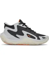 Championes de básquetbol Under Armour Jet 25, con diseño de materiales mixtos en colores gris, negro y detalles en naranja. Presentan entresuela Micro G para mayor amortiguación y suela de goma resistente para tracción en cancha.