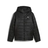 Campera acolchada Puma con capucha, cierre frontal completo y bolsillos laterales. Diseño en color negro con logo de la marca estampado en blanco en el pecho.