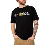 Remera blanca de algodón con estampado frontal del logo de Emerica y una naranja.