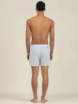 Short de baño para hombre con estampado de rayas verticales celestes y blancas. Posee pretina con cordón regulable, dos bolsillos laterales y un bolsillo trasero con cierre.