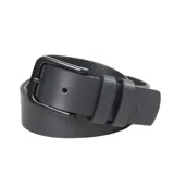 Cinto de cuero negro Rip Curl con hebilla metálica oscura y presillas grabadas con la marca.