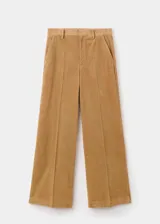Pantalón wide leg de tiro bajo confeccionado en tejido de pana color tostado, con bolsillos laterales y bolsillos de ribete en la parte posterior.