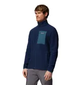 Campera polar de cuello alto con cierre frontal completo. Presenta un bolsillo en el pecho con cierre y revestimiento de nailon en contraste, además de bolsillos laterales. El diseño incluye puños y dobladillo con ribete elástico para mayor ajuste.