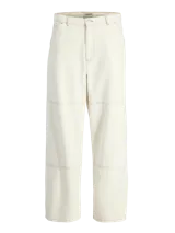 Pantalón de corte relajado confeccionado en tejido canvas de algodón color crudo. Presenta tiro medio, cierre de cremallera, bolsillos laterales y costuras reforzadas horizontales en las piernas.