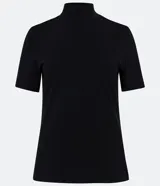 Blusa negra de manga corta con cuello alto, confeccionada en tejido de media malla (malla) de algodón y elastano.