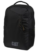 Mochila unisex Cat modelo Explorer Backpack, color negro, con compartimento principal y bolsillo frontal con cierre, además de bolsillos laterales de malla. Cuenta con el logotipo reflectante de la marca y detalles de cordones en color amarillo y negro.