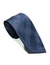 Corbata de 8 cm de ancho en color azul marino, con diseño geométrico sutil tejido en la misma tonalidad.