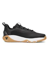 Championes de entrenamiento Under Armour Project Rock 8, color negro con entresuela blanca y suela de goma color caramelo. Presentan una parte superior de malla técnica con detalles en gamuza, lengüeta de neopreno perforada y contrafuerte externo en el talón para mayor estabilidad. Incorporan tecnología de amortiguación UA HOVR y suela UA TriBase para maximizar el contacto con el suelo y brindar flexibilidad.