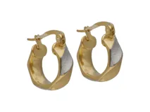 Aros tipo argolla de acero con diseño bicolor, combinando secciones en tono dorado y plateado con acabado texturizado.