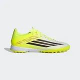 Championes de fútbol Adidas F50 League para césped artificial, con exterior Fiberskin en color amarillo neón y blanco, detalles en negro y mediasuela de EVA para mayor comodidad.