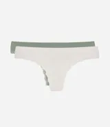 Kit de dos bombachas tipo hilo dental confeccionadas en poliamida texturizada sin costuras, con detalles de encaje en los bordes. Incluye una prenda en color blanco y otra en verde militar.
