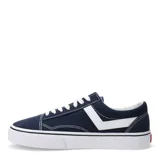 Championes de lona Pony modelo Old School Canvas Low, color azul marino con detalles en blanco. Presentan diseño de caña baja, suela de goma vulcanizada y el logo característico de la marca en el lateral.