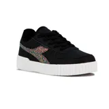 Championes urbanos Diadora modelo Bampu, color negro, con suela blanca gruesa y cordones negros. Presenta el logo de la marca en el lateral con acabado de glitter multicolor.
