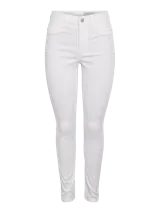 Jean skinny de tiro alto con diseño ajustado, bolsillos clásicos y cierre frontal de botón y cremallera.