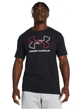 Remera de manga corta Under Armour, color negro, con cuello redondo acanalado y estampado gráfico del logo de la marca en el centro del pecho en colores blanco y rojo.