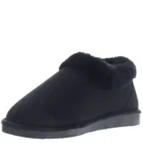 Pantuflas cerradas de estilo botineta, color negro, con interior y borde superior de piel sintética suave. Poseen suela plana de goma antideslizante.