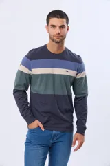 Remera de manga larga con cuello redondo y diseño de rayas horizontales en azul marino, azul claro, beige y verde oscuro. Incluye un pequeño logo bordado en el pecho.