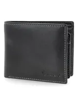 Billetera de cuero premium color negro, de diseño clásico con costuras a contratono en color blanco y logo grabado en la parte inferior.