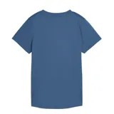 Remera deportiva Puma de mujer con escote en V y mangas cortas. Presenta un diseño liso en color negro con el logo de la marca estampado en blanco en el pecho.