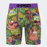Calzoncillos bóxer de la marca PSD con estampado de Bob Esponja, Patricio y dinero sobre un fondo verde. La cintura es de color púrpura con el logo de PSD en negro.