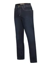 Pantalón jeans de corte recto y tiro medio, color azul oscuro con costuras en contraste. Confeccionado con mezcla de algodón y poliéster reciclado, cuenta con cierre y botón metálico.