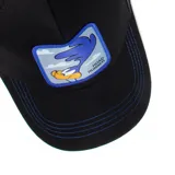 Gorra tipo trucker de la marca Capslab, color negro con malla trasera. Presenta un parche frontal cuadrado con la imagen del Correcaminos (Road Runner) y detalles en azul en las costuras y el borde de la visera.