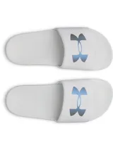 Sandalias Under Armour de mujer, modelo W Armour Slide, en color blanco con el logo de la marca en un tono tornasolado morado. Cuentan con correa sintética con forro de espuma y plantilla anatómica.