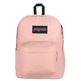 Mochila Jansport modelo Superbreak Plus, color rosa pálido, con compartimento principal y bolsillo frontal con cierre. Presenta asa superior negra y logo rectangular de la marca.