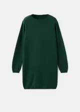 Vestido corto de punto fino color verde oscuro, con cuello redondo y manga larga, de diseño recto.