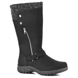 Bota marrón de caña alta con detalle de tejido trenzado en la parte superior, cierre lateral con cremallera, hebilla decorativa y suela de goma.