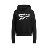 Buzo negro con capucha y logo Reebok grande en blanco en el frente.