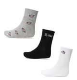 Pack de tres pares de medias de algodón de largo medio, con puño acanalado. Incluye un par gris con estampado de rosas, un par negro con la palabra "Lobe" en blanco y un par blanco con una rosa estampada.