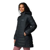 Campera larga tipo parka Columbia, modelo Powder Lite II Mid, color negro. Cuenta con tecnología Omni-Heat™ termorreflectante, aislamiento sintético Thermarator™ y tratamiento repelente Omni-Shield™. Presenta capucha integrada, cierre frontal completo, bolsillos laterales con cremallera y puños elásticos.