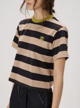 Remera de corte clásico a rayas horizontales en tonos verde y azul marino, con cuello redondo marrón y logo bordado en el pecho.