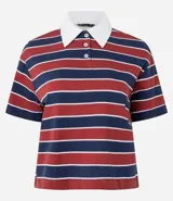 Blusa tipo polo de algodón a rayas horizontales en tonos celeste, amarillo y marrón.