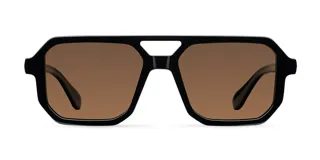 Lentes de sol con montura negra de diseño aviador contemporáneo, con doble puente estructural y lentes polarizadas en tono marrón.