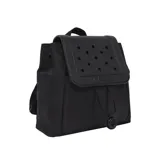 Mochila de nailon negra con solapa de EVA perforada tipo Crocs, ideal para personalizar con Jibbitz. Cuenta con asa superior, tirador con la letra C y cierre ajustable con cordón.