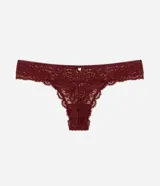 Bombacha bikini hilo de encaje floral bordó, con laterales medianos y detalle de pequeño aplique con moña en el centro de la cintura.