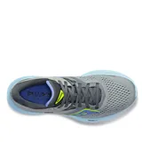 Championes Saucony Ride 16 de dama, color gris con detalles en azul y amarillo.